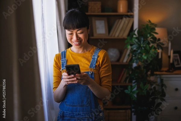 Fototapeta Woman typing text message using smart phone while relaxing at home