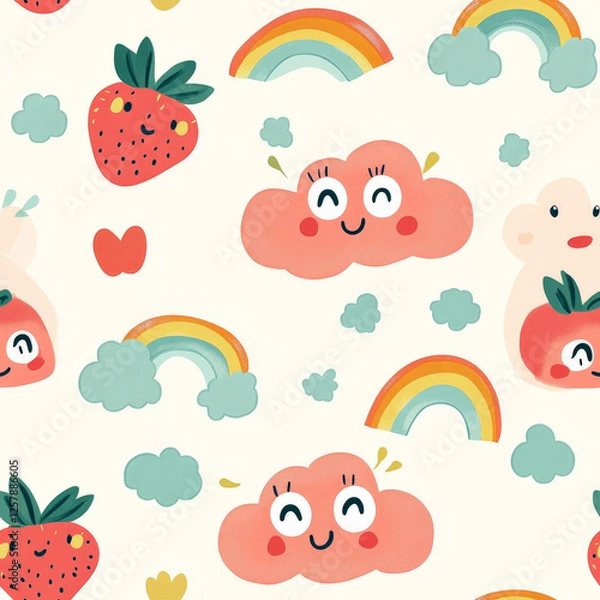 Fototapeta A seamless pattern of smiling strawberries, tiny pastel rainbows, and cheerful clouds with big eyes.