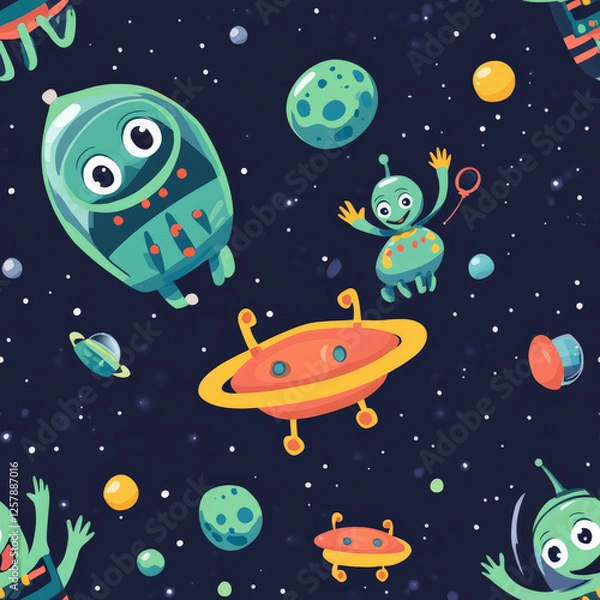 Fototapeta Cute alien characters waving from tiny UFOs, surrounded by floating asteroids and cosmic dust.