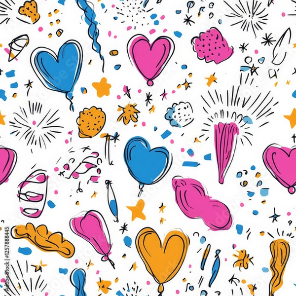 Fototapeta A festival doodle pattern with fireworks, balloons, and confetti