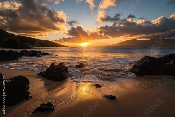 Fototapeta Sunset over the ocean with rocky shore and clouds on Maui's coastline