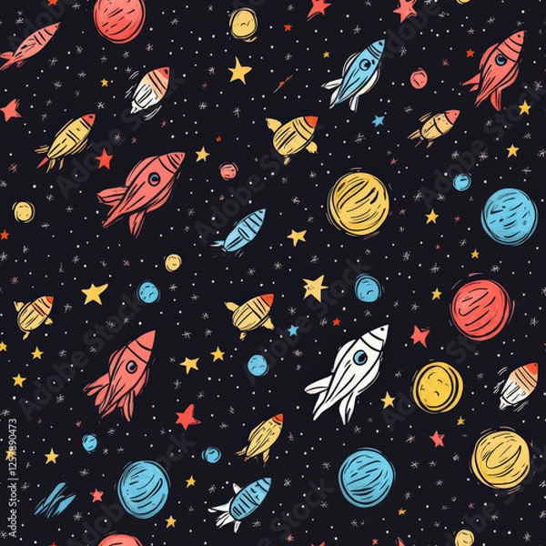Obraz A seamless hand-drawn pattern of doodle-style planets, rockets, and tiny shooting stars