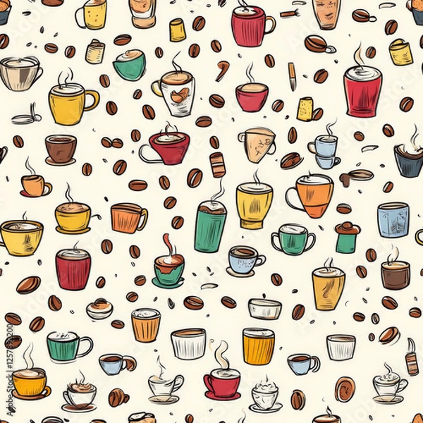 Fototapeta A quirky doodle pattern of different coffee cups, beans, and steaming mugs