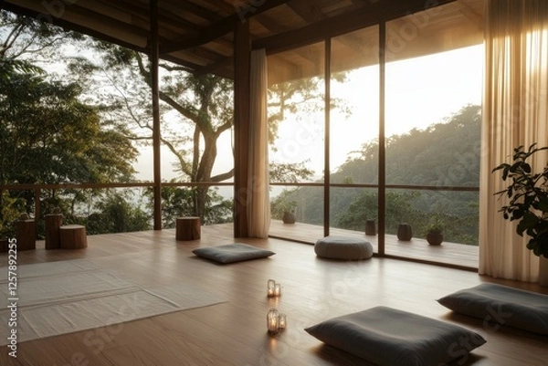Fototapeta Calm and serene indoor yoga space with soft natural light and stunning mountain views at sunset
