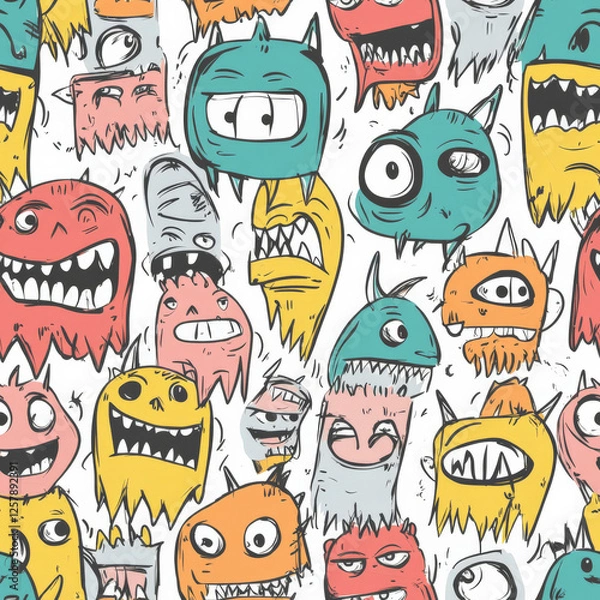 Fototapeta A sketchy pattern of funny cartoon monsters with goofy expressions and mismatched eyes