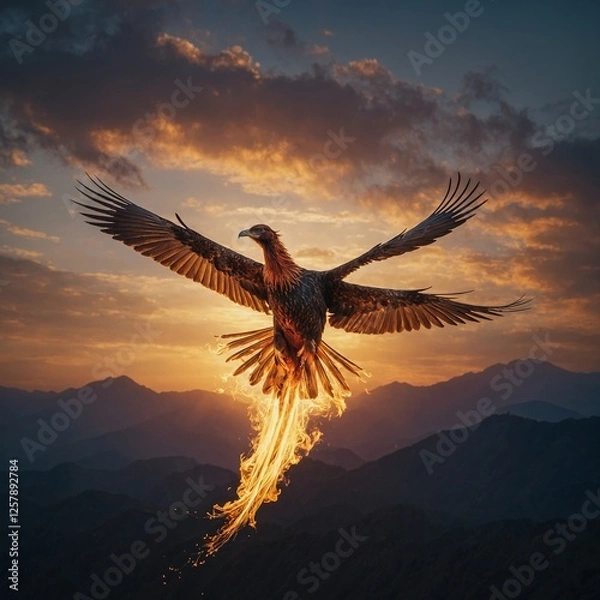 Fototapeta A phoenix-like bird glowing as it ascends into the sky.