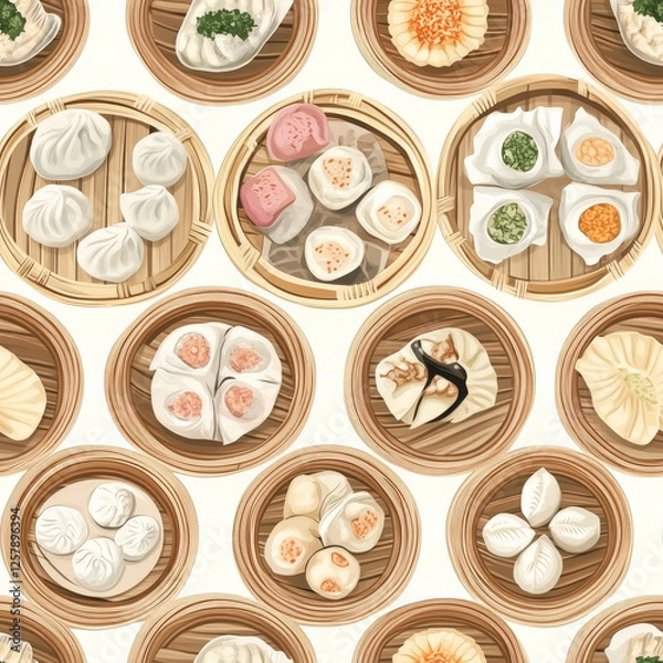 Fototapeta A pattern of dumplings with various fillings, arranged in steaming bamboo baskets