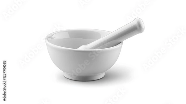 Fototapeta • A minimalistic ceramic mortar and pestle set, glazed in a soft eggshell hue, lies horizontally on a spotless white plane. The bright, diffused lighting underscores the unassuming contours 