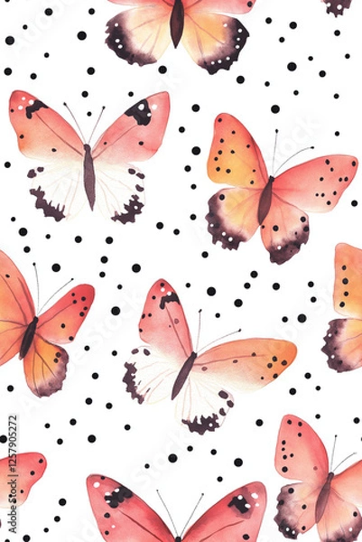 Obraz Seamless watercolor butterflies black dots pattern
