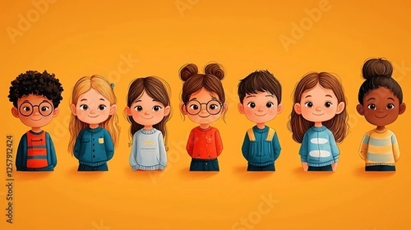 Fototapeta Smiling children are illustrated in a flat design style, their diverse appearances and happy expressions making for a cheerful group portrait.