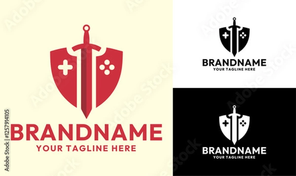 Obraz Gaming Shield and Sword Logo Design Template for eSports, RPG Games, and Game Developers