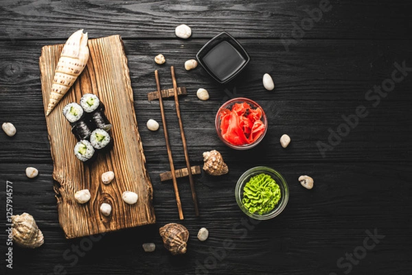 Obraz A wooden board with sushi and chopsticks on it