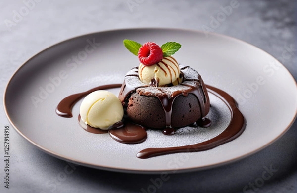 Obraz Chocolate lava cake with melting core and vanilla ice cream on the side