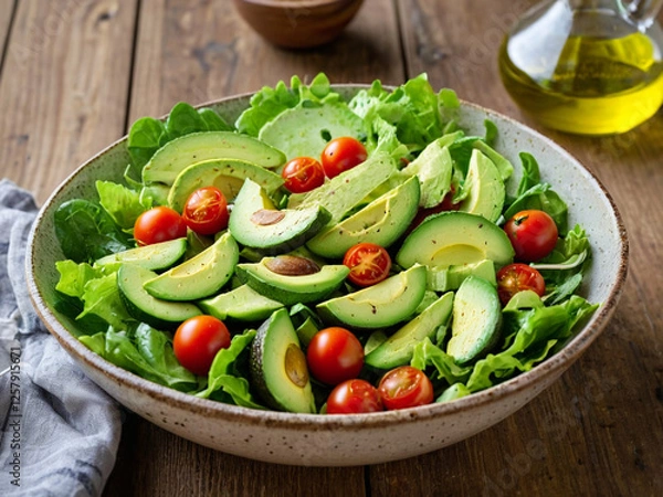 Obraz A vibrant fresh green salad. The dish is served in a rustic ceramic bowl on a wooden table