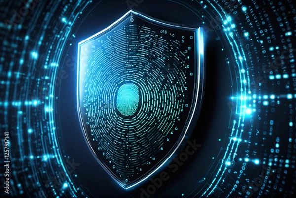 Obraz A glowing shield with binary code, symbolizing data security in cyberspace