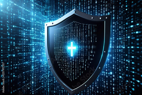 Obraz A glowing shield with binary code, symbolizing data security in cyberspace