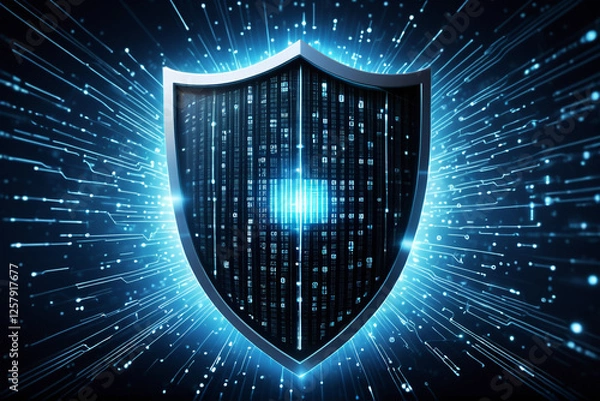 Obraz A glowing shield with binary code, symbolizing data security in cyberspace