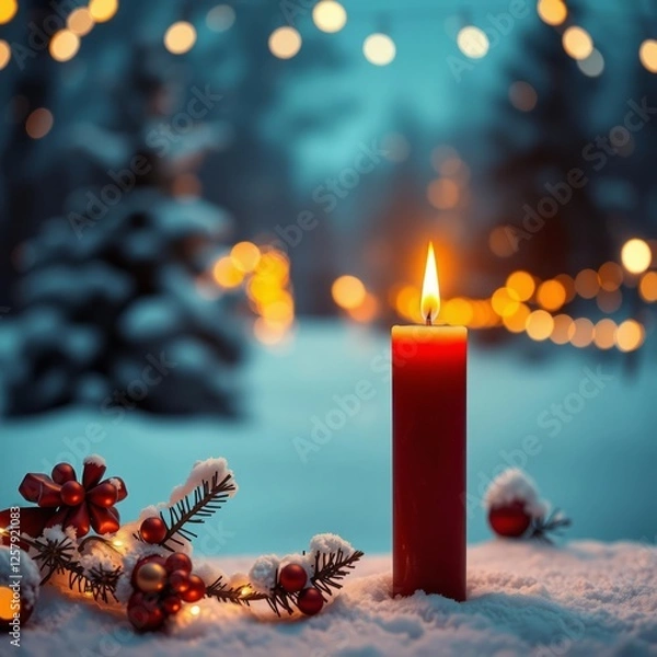 Fototapeta Christmas background - red candle in winter snow landscape background - blank greeting card with magic golden bokeh lights with copy space for your xmas advent greeting card or advertisement panorama