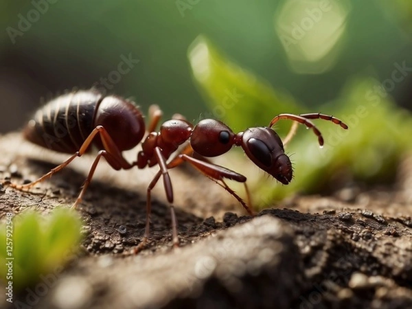 Obraz Close-Up Macro Photography of Red Ants in Their Natural Habitat on Forest Floor