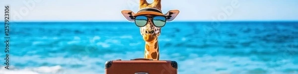 Fototapeta giraffe on the background of the sea with a suitcase. Selective focus