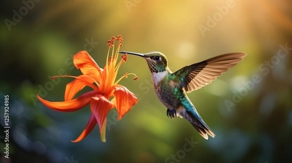 Fototapeta A vibrant hummingbird hovering mid-air, its iridescent green and blue feathers shimmering under the golden sunlight 
