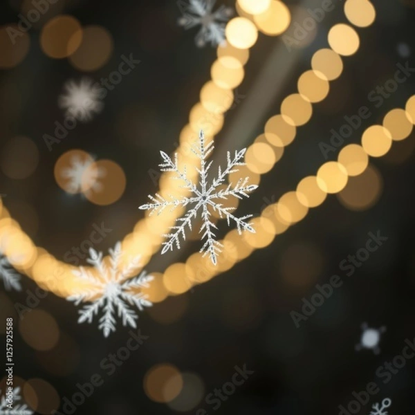 Fototapeta Beautiful snowflakes on an abstract shiny light background Bokeh light lights background bokeh abstract light bright effect shiny