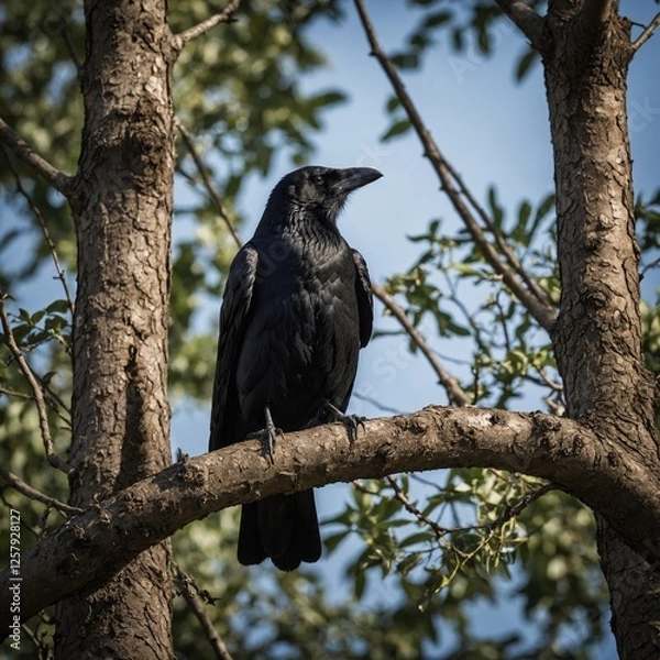 Fototapeta A crow observing the surroundings from a high tree branch.