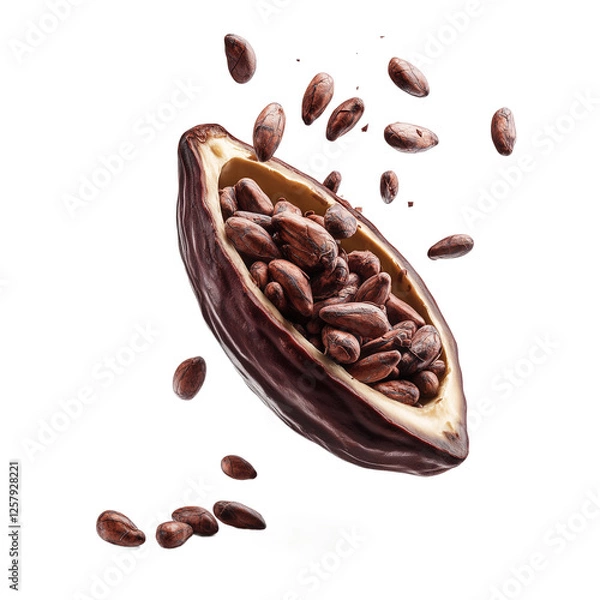 Fototapeta Cacao Pod with Floating Cocoa Beans on White Background 