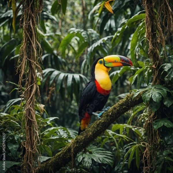 Fototapeta A colorful toucan perched on a vine in a dense jungle.