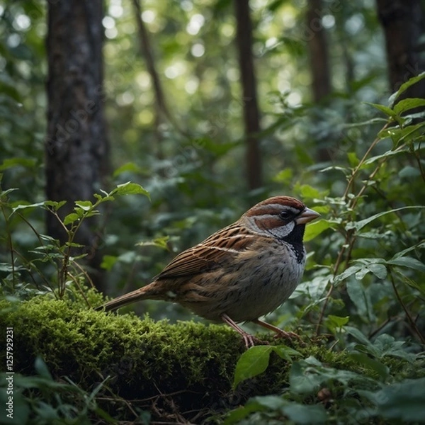 Fototapeta A sparrow hiding in the thick undergrowth of a deep forest.