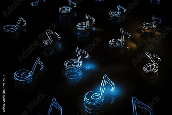 Obraz Glowing blue musical notes on a dark reflective surface.