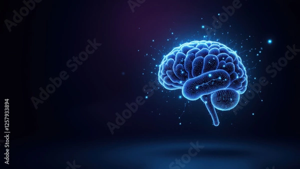 Obraz "Brain-like AI representation with glowing particles emanating from it against a dark background"