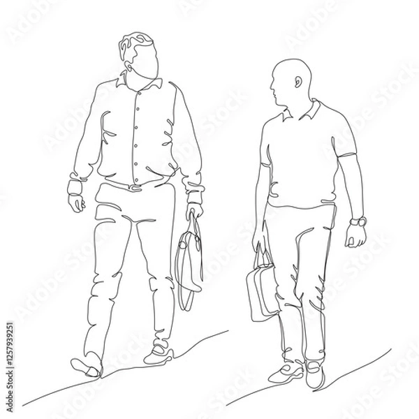 Fototapeta 2 businessmen walking and talking. Holding laptop bags. Continuous line drawing. Black and white vector illustration in line art style.