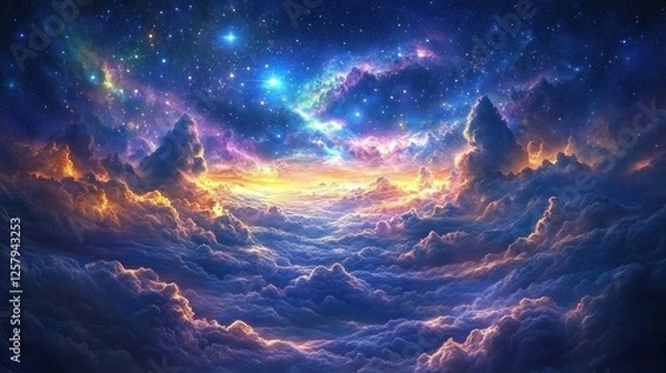 Fototapeta Colorful nebula above cloudscape, fantasy art, cosmic dreamscape, wallpaper