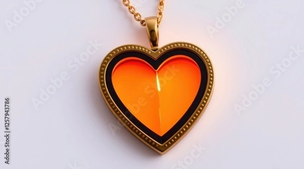 Fototapeta Warm golden hour light illuminates a golden heart-shaped locket pendant with a concealed compartment. Its design is clearly divided into bold and gently lit areas that evoke dawn or sunset.