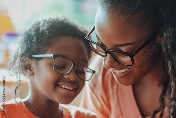 Fototapeta Smiling father and young son reading or watching something on a tablet at home. The moment shows bonding, digital learning, and family time in a modern, tech-friendly household.