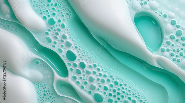 Fototapeta A close-up of white and turquoise foamy bubbles in a smooth, abstract pattern.
