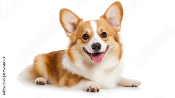 Fototapeta A happy and adorable Corgi puppy sitting on a clean white background, looking directly with a cheerful expression.