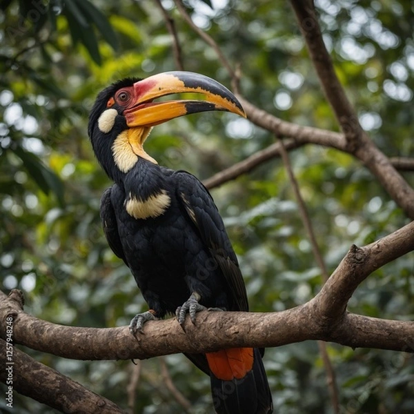 Fototapeta A majestic hornbill with a large beak resting on a thick branch.