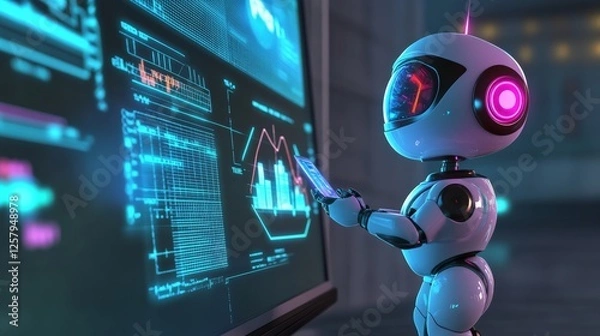 Fototapeta A baby robot presenting a futuristic graph on a digital whiteboard,