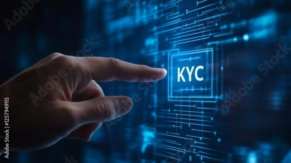 Obraz A hand points to a digital screen displaying "KYC," symbolizing the importance of Know Your Customer in technology and finance.