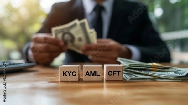 Fototapeta A businessman holds cash while blocks labeled KYC, AML, and CFT sit on a table, reflecting compliance in financial transactions.