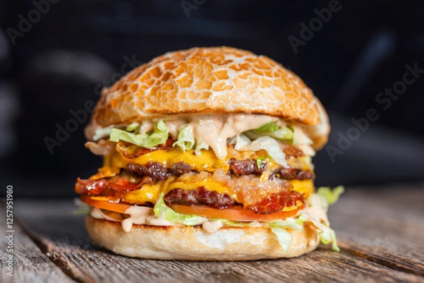 Obraz Juicy double cheeseburger with crispy bacon, fresh lettuce, and special sauce, served on a toasted bun.