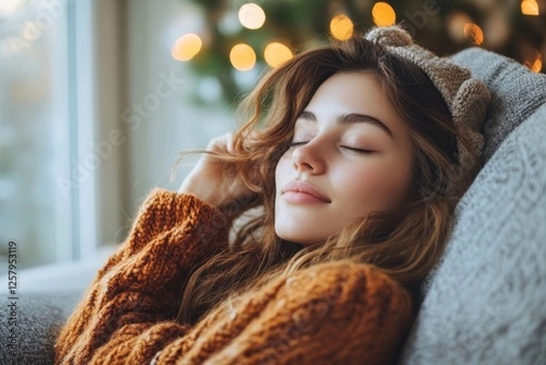 Obraz Young woman enjoying mind free moment relax and calm on the sofa at home