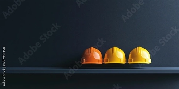 Fototapeta A minimalist composition of three construction helmets on an empty shelf, against a dark grey background with copy space.