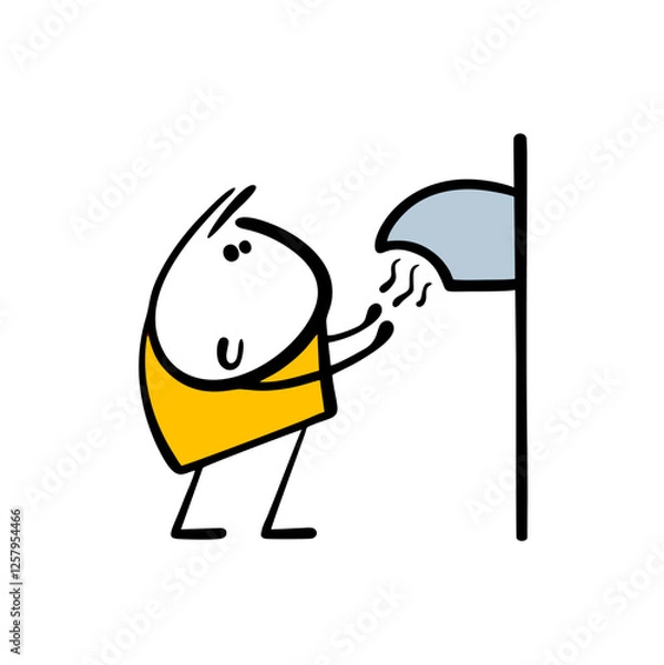 Fototapeta Obedient child washes and dries his hands after going to the toilet. Vector illustration of a boy and  device with warm air in  public place. Isolated funny character on white background.