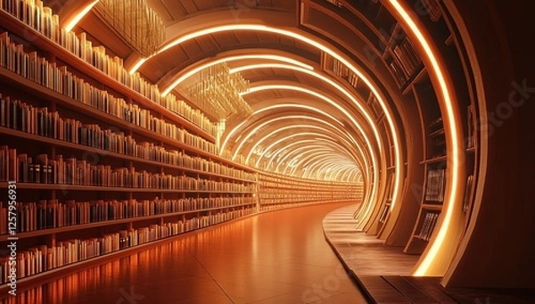 Fototapeta Exploring a Circular Library: Bookshelves Illuminate a Curving Corridor of Knowledge, Glowing with Warm Light