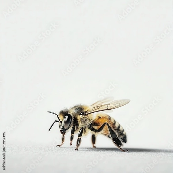 Fototapeta Honey Bee Walking Isolated on White Background Cutout with High-Resolution Macro Detail