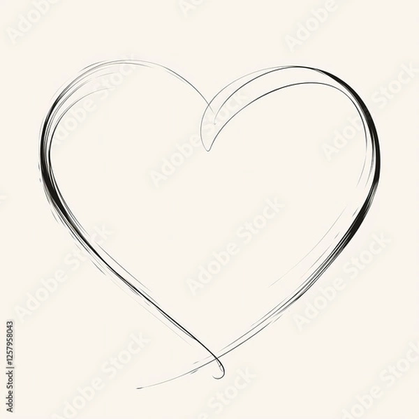 Fototapeta Hand-drawn simple heart line with a curved tail, isolated on a white background. Minimalist black thin line doodle love symbol, perfect for wedding invitation card design, greeting card, or romantic e