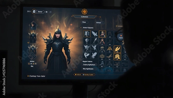 Fototapeta Gamer Customizing Character: A gamer meticulously tailors their character's appearance in a video game, selecting armor, weapons, and other details.